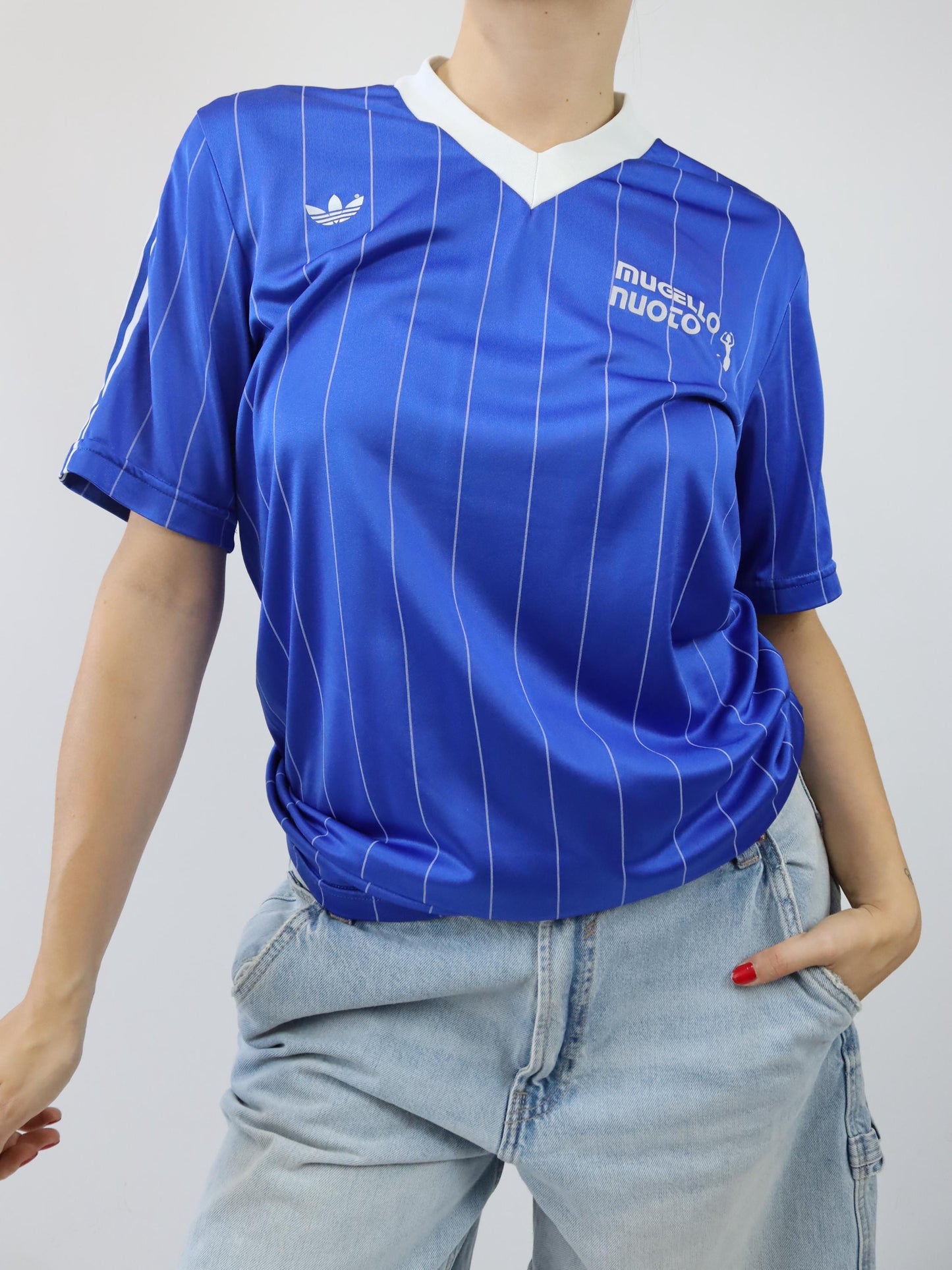Vintage 70s 80s ADIDAS jersey V-neck shirt blue white M