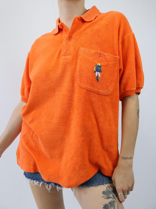 Vintage 80er 90er BIG SMITH Poloshirt T-Shirt Frottee orange Stickerei L