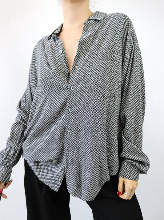 Vintage 80er 90er CANDA Hemd langarm schwarz weiß crazy pattern XL