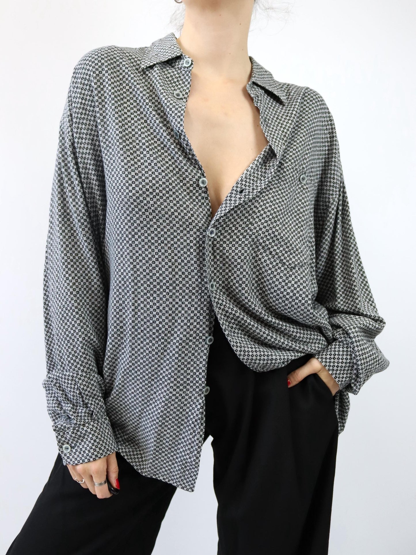 Vintage 80er 90er CANDA Hemd langarm schwarz weiß crazy pattern XL