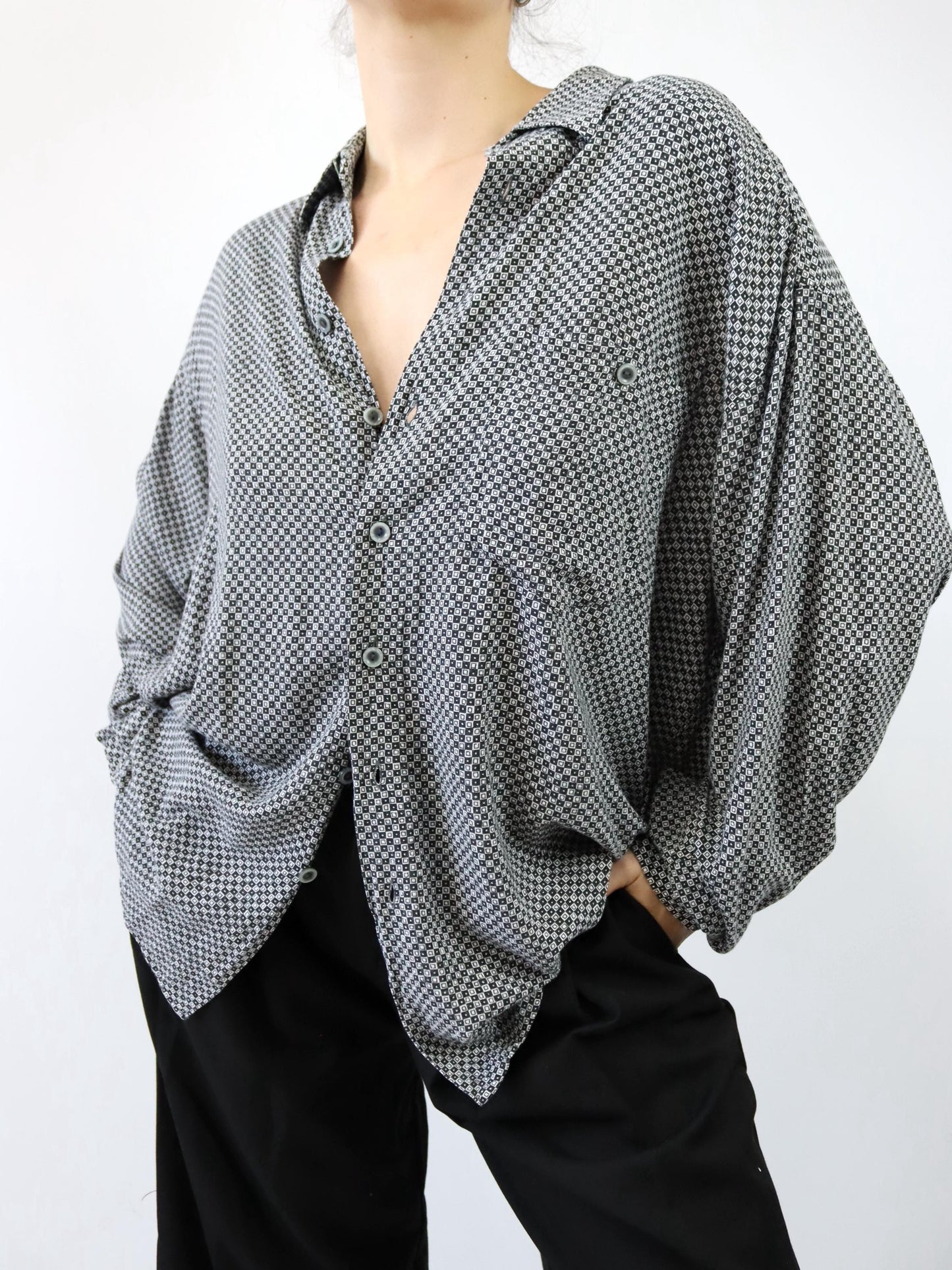Vintage 80er 90er CANDA Hemd langarm schwarz weiß crazy pattern XL