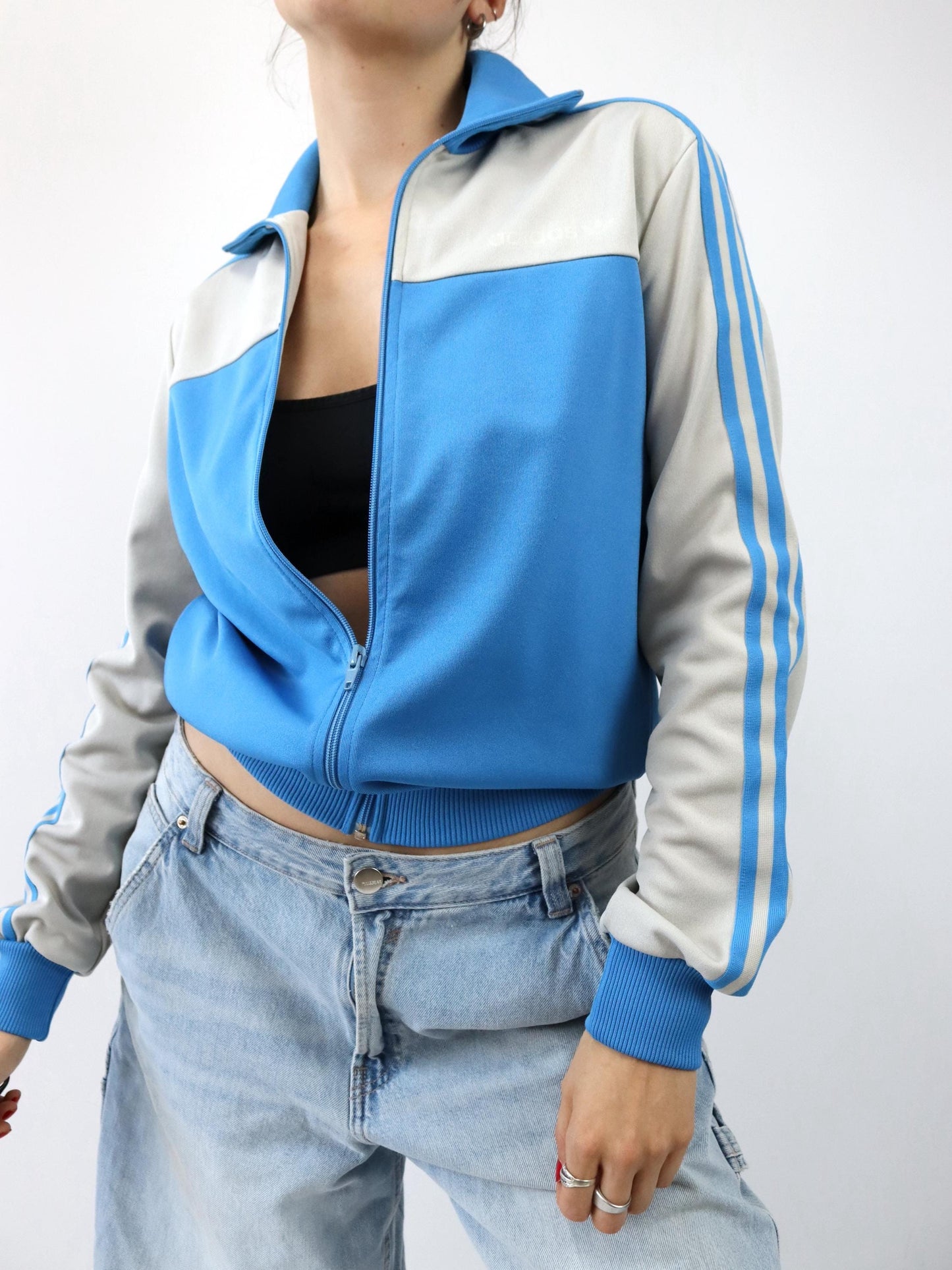 Vintage 80s 90s ADIDAS tracksuit jacket stand-up collar blue grey S