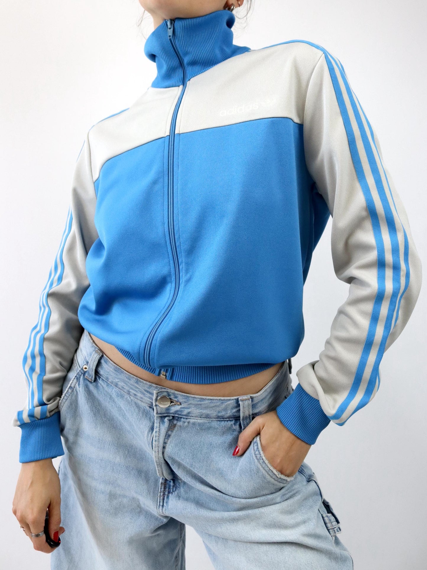 Vintage 80s 90s ADIDAS tracksuit jacket stand-up collar blue grey S