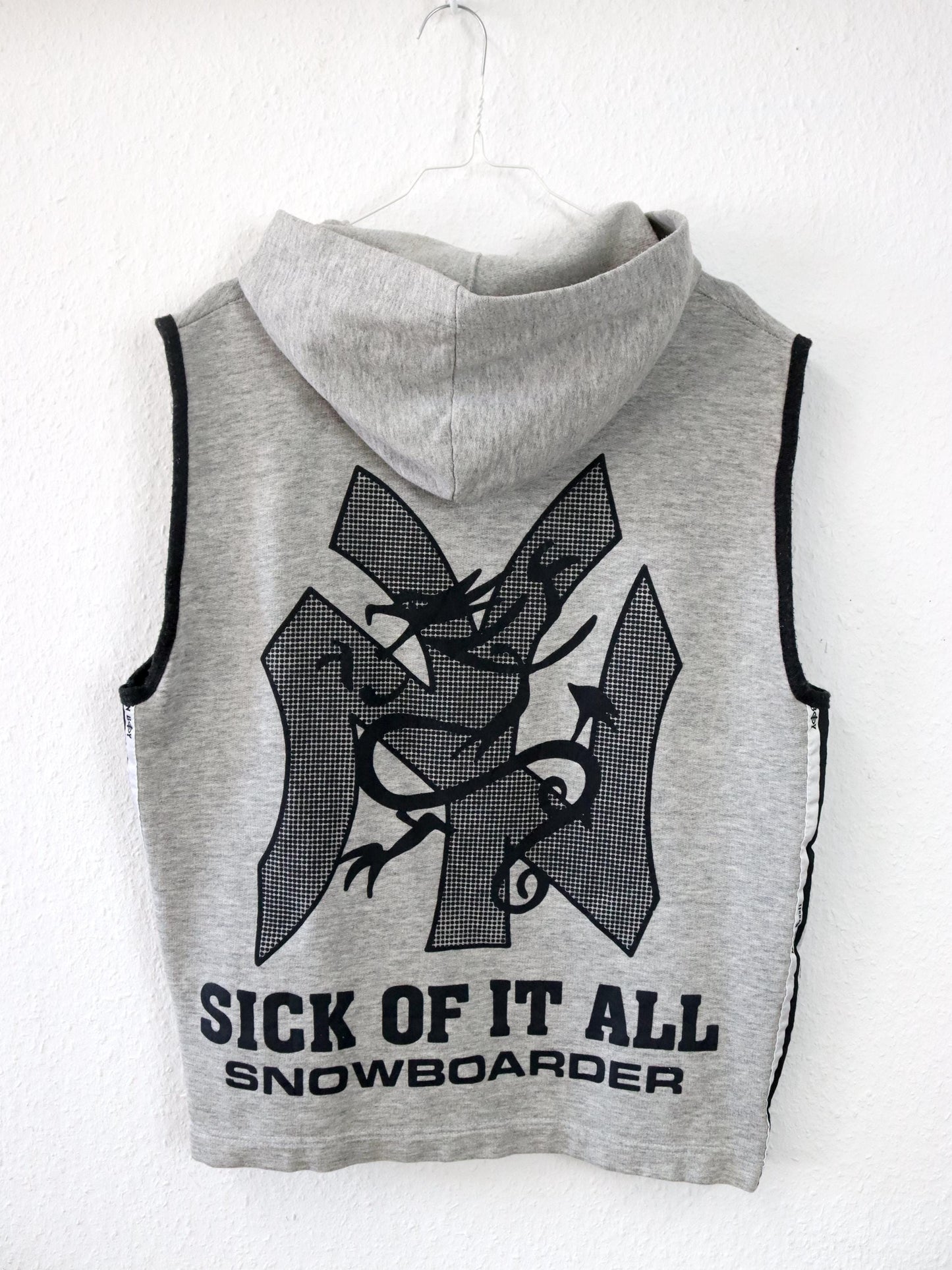 Vintage 80er 90er URBAN BOY Weste Sweatweste grau Backprint Kapuze L