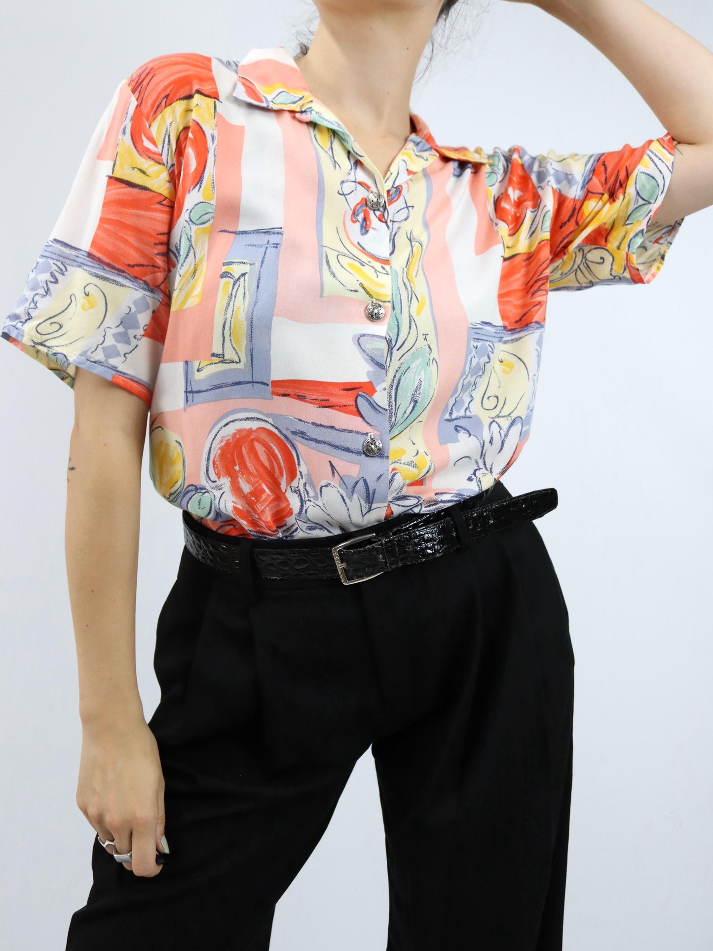Vintage 80er 90er Bluse kurzarm Viskose crazy pattern M