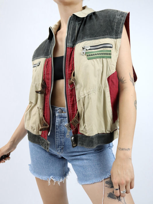 Vintage 80er 90er AIRFIELD Weste Cargoweste beige rot grau M