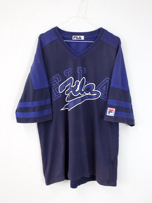 Vintage 80er 90er FILA T-Shirt kurzarm heavy cotton blau V-Ausschnitt L