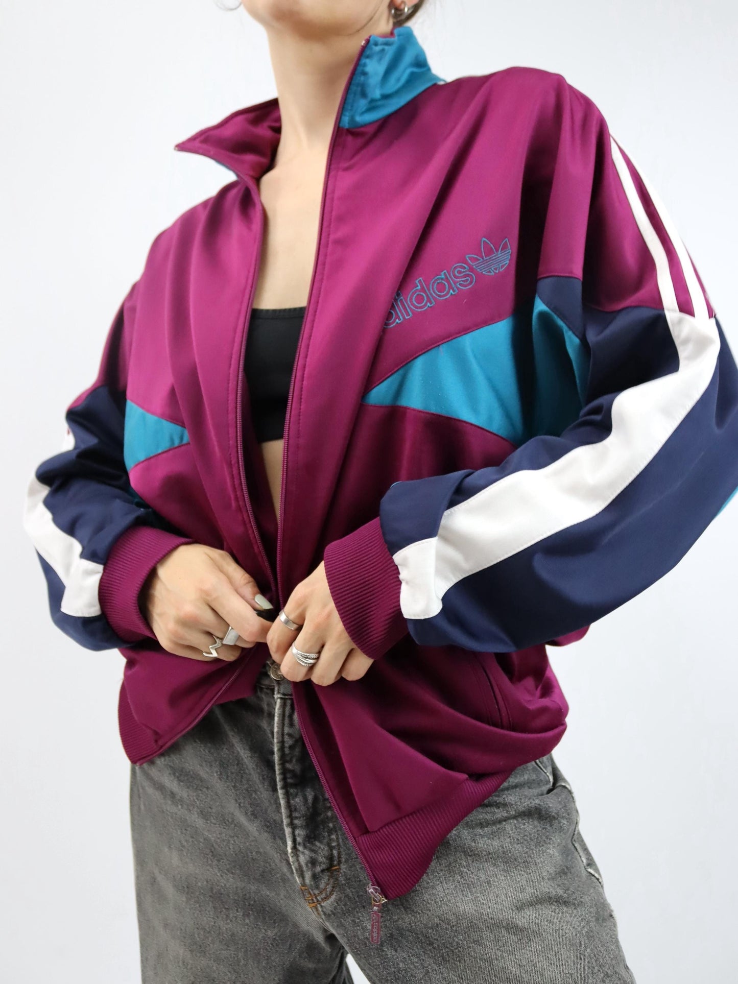 Vintage 80s 90s ADIDAS tracksuit jacket stand-up collar blue purple 186 L/XL