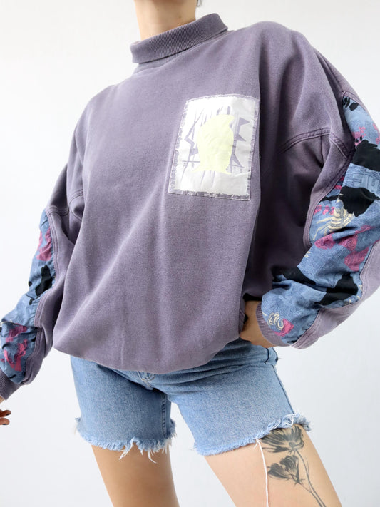 Vintage 80er 90er Sweatshirt Pullover Rollkragen Flieder crazy pattern Patch L