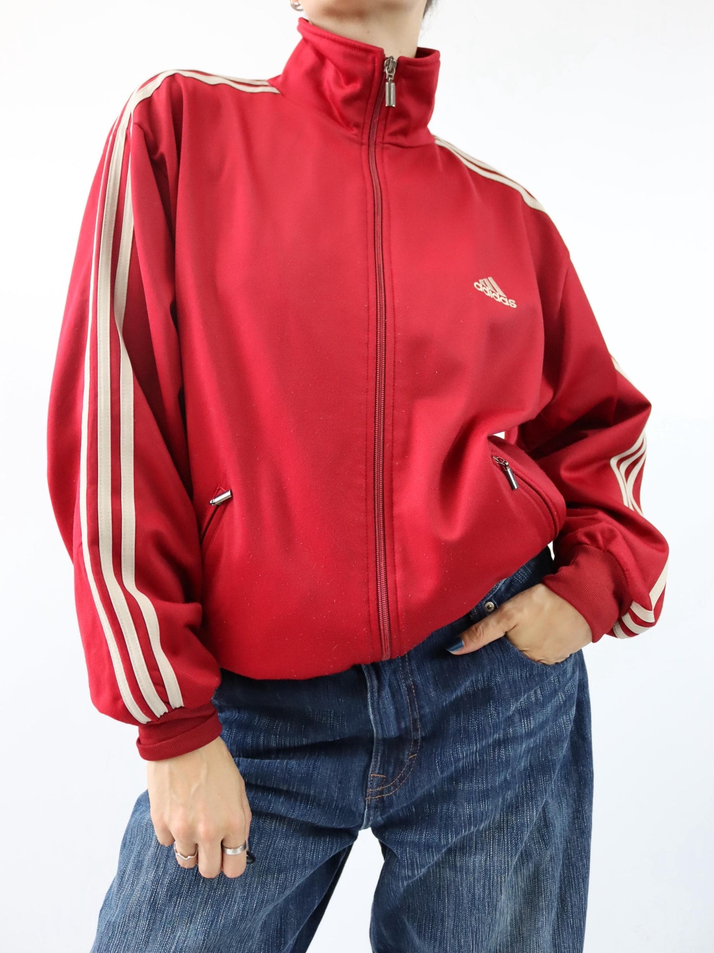 Vintage 80er 90er ADIDAS Trainingsjacke Firebird rot beige Stehkragen D5 38/40