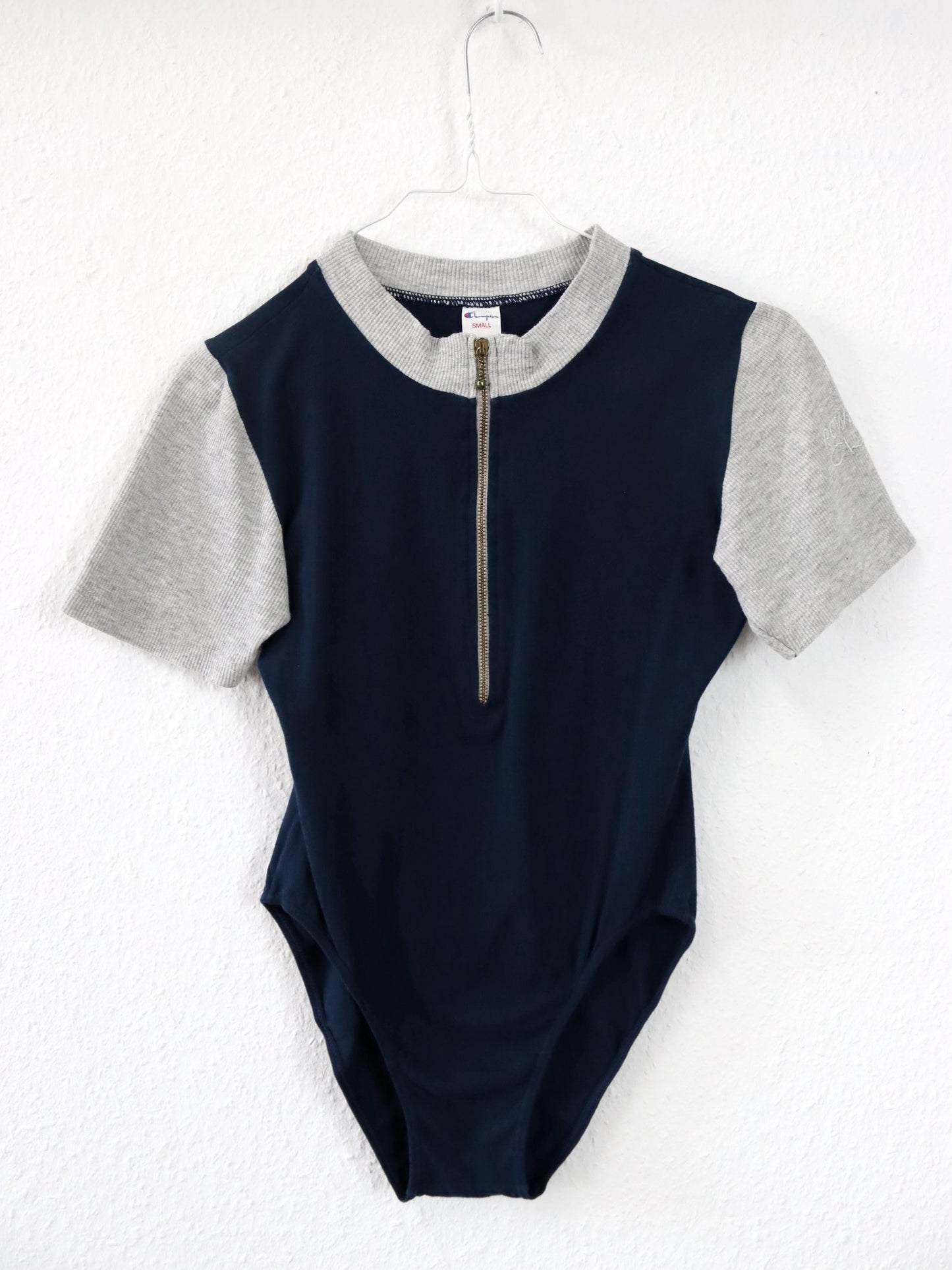 Vintage 80er 90er CHAMPION Body Einteiler Reißverschluss kurzarm grau dunkelblau S