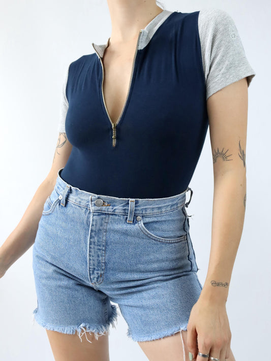 Vintage 80er 90er CHAMPION Body Einteiler Reißverschluss kurzarm grau dunkelblau S