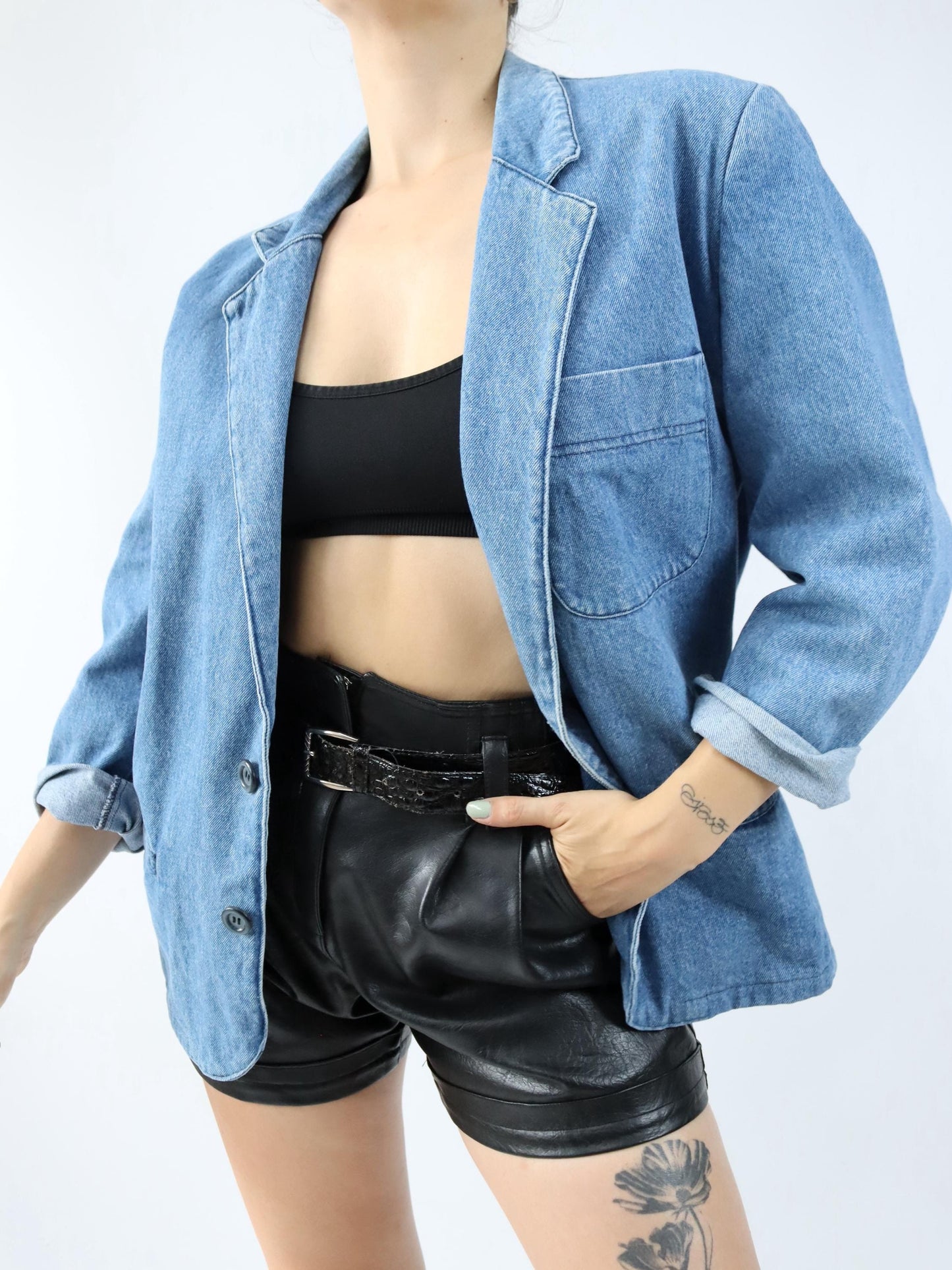 Vintage 80er 90er CARRERA Jeansblazer Blazer Denim Schulterpolster hellblau L