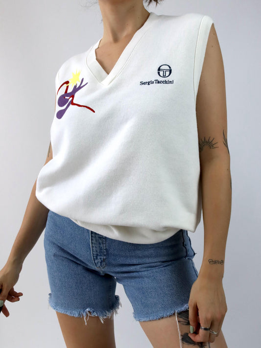 Vintage 80er 90er SERGIO TACCHINI Tennis Pullunder weiß Stickerei L