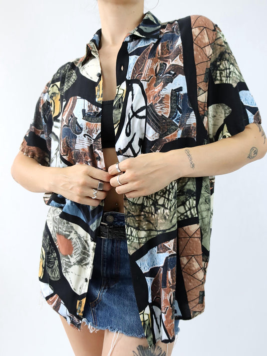 Vintage 80er 90er Hemd kurzarm crazy pattern XXL