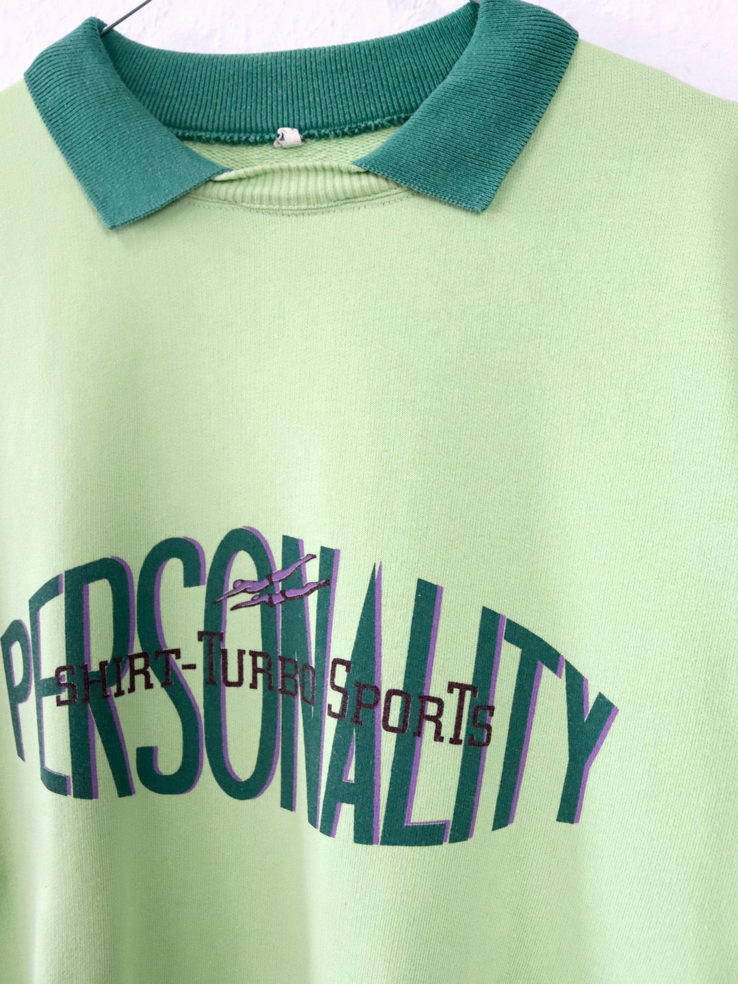 Vintage 80s 90s TURBO sweatshirt short sleeve polo collar print green XL