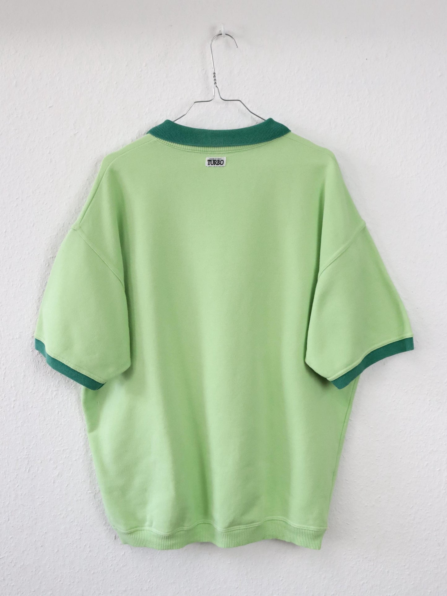 Vintage 80s 90s TURBO sweatshirt short sleeve polo collar print green XL