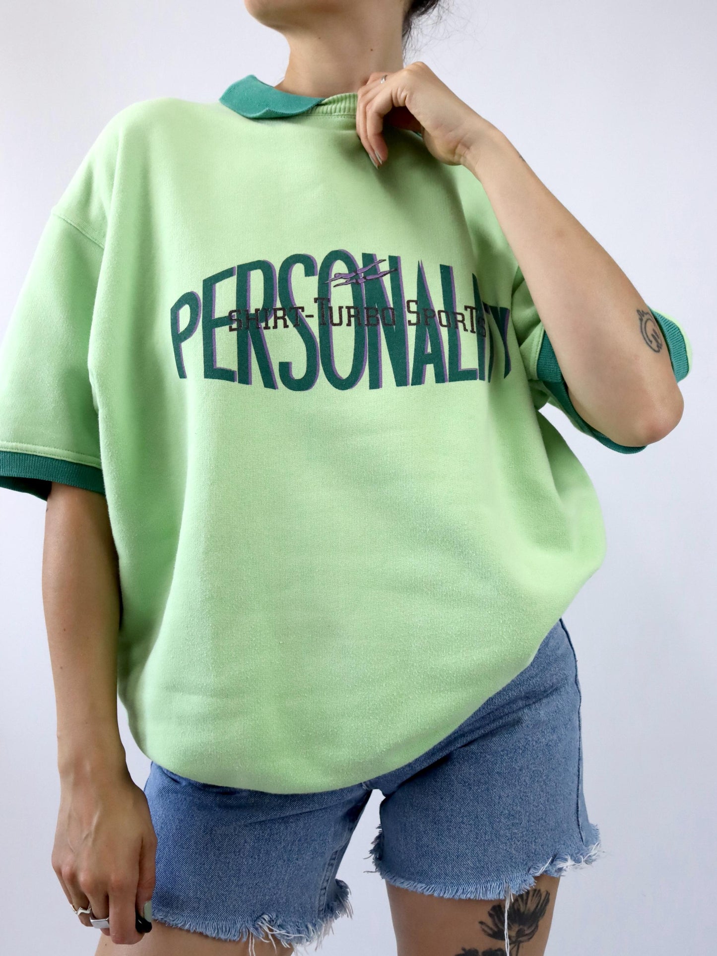 Vintage 80s 90s TURBO sweatshirt short sleeve polo collar print green XL
