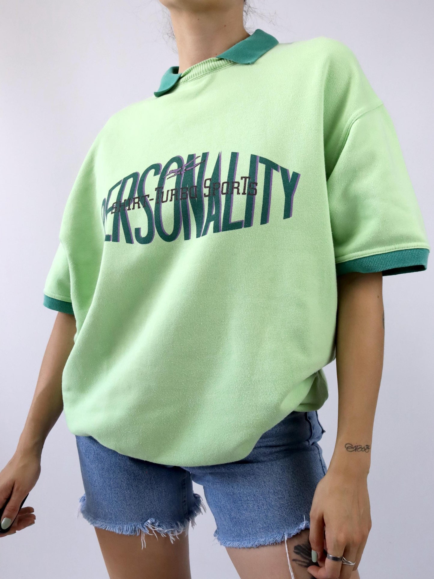 Vintage 80s 90s TURBO sweatshirt short sleeve polo collar print green XL