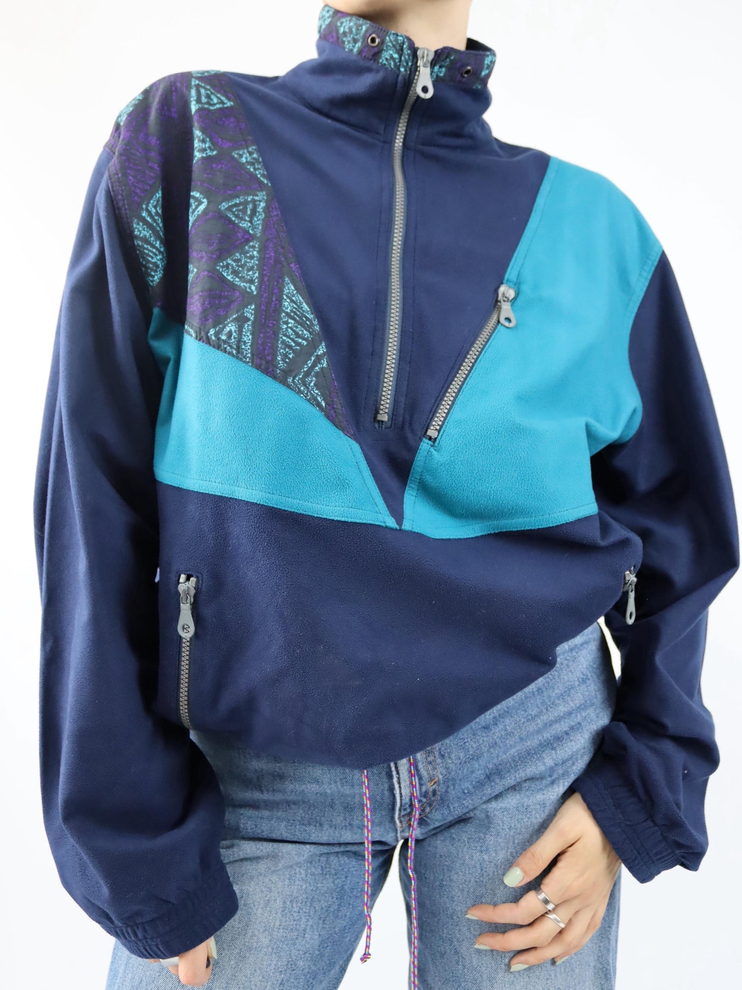 Vintage 80s 90s FULLFORCE sweatshirt velour turquoise dark blue crazy pattern 54 XL