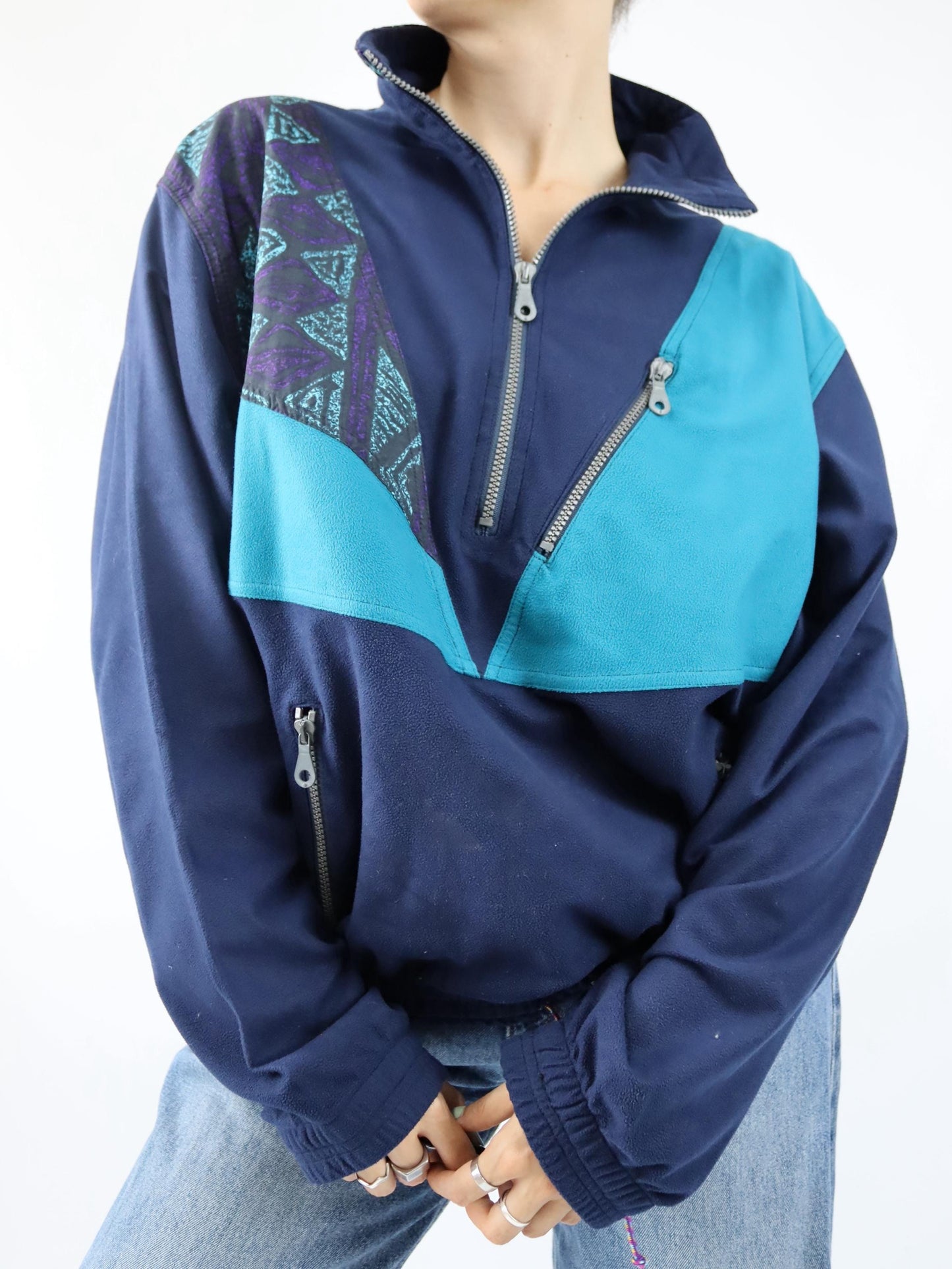 Vintage 80s 90s FULLFORCE sweatshirt velour turquoise dark blue crazy pattern 54 XL