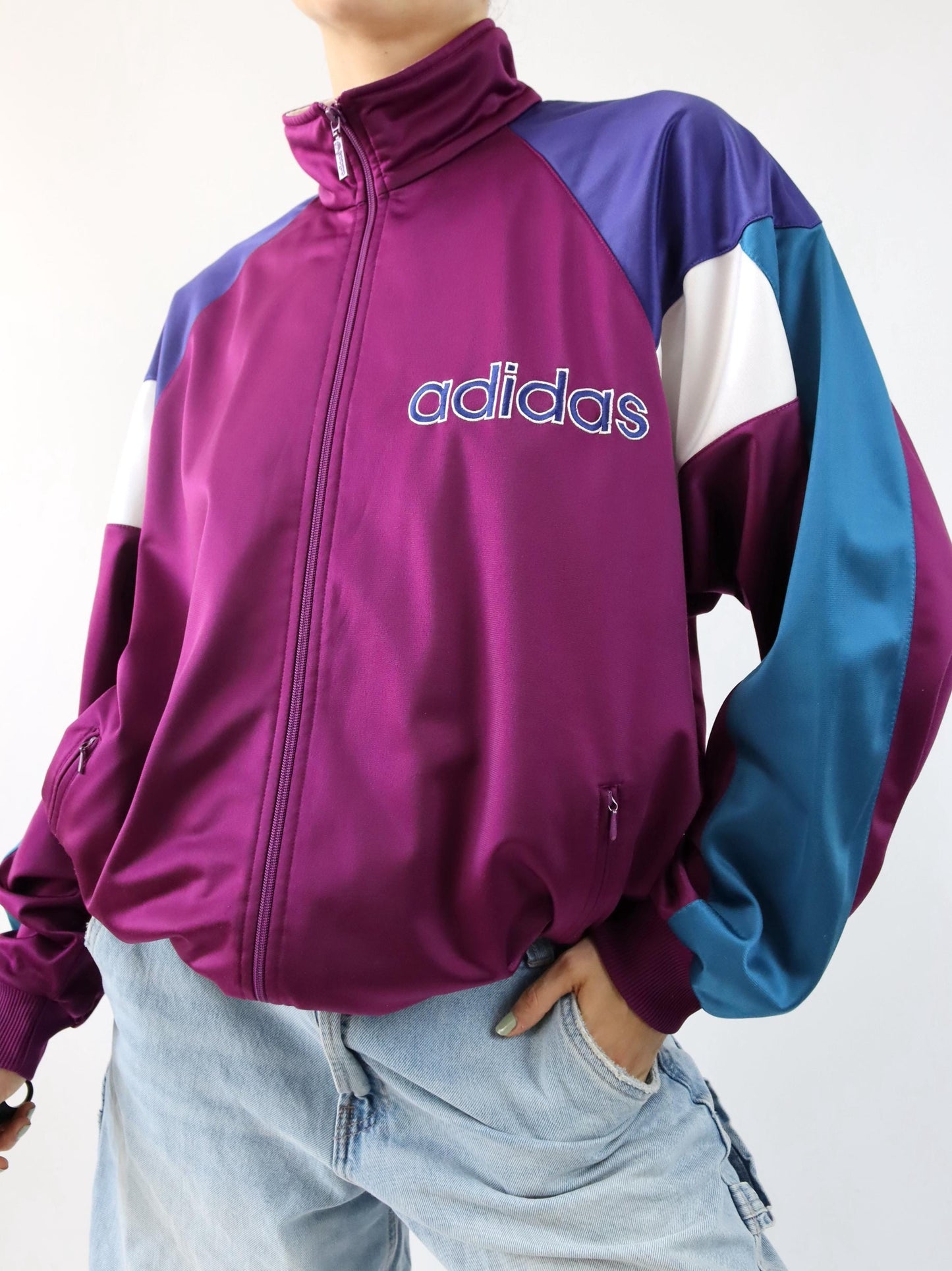 Vintage 80s 90s ADIDAS tracksuit jacket stand-up collar pink purple petrol D7 L