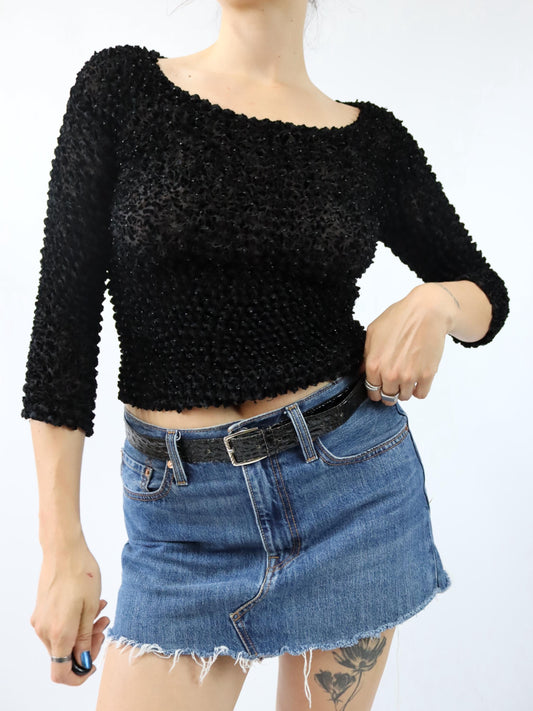 Vintage 80er 90er H. LEETINK Popcorn Top schwarz Perlen M