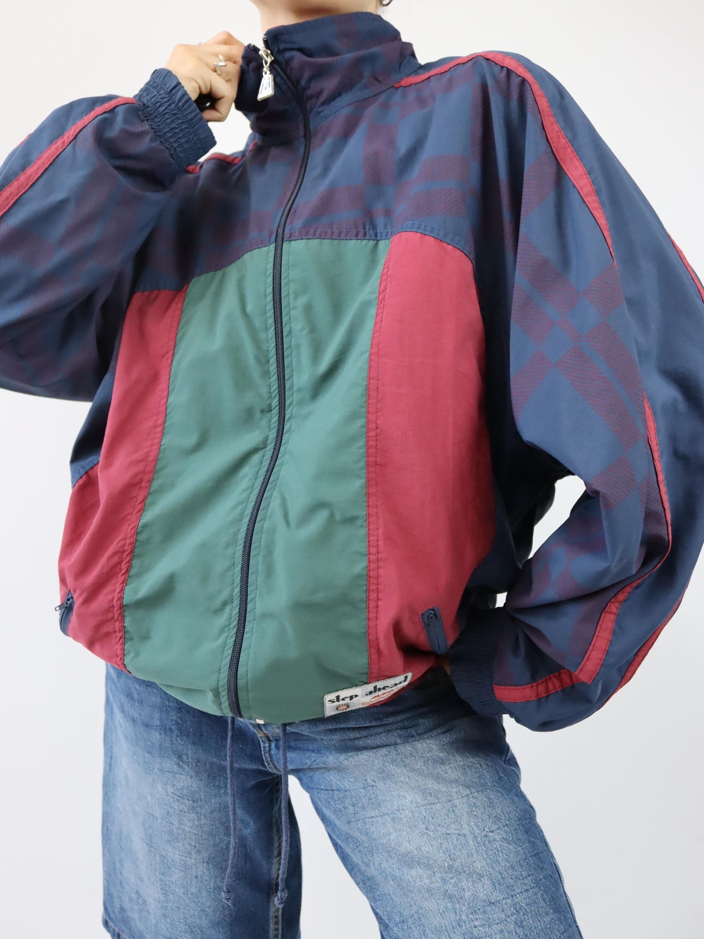 Vintage 80s 90s MASITA tracksuit jacket stand-up collar red dark blue green XL