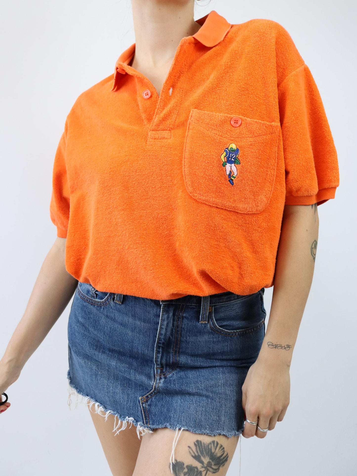 Vintage 80s 90s BIG SMITH polo shirt T-shirt terry cloth orange embroidery L