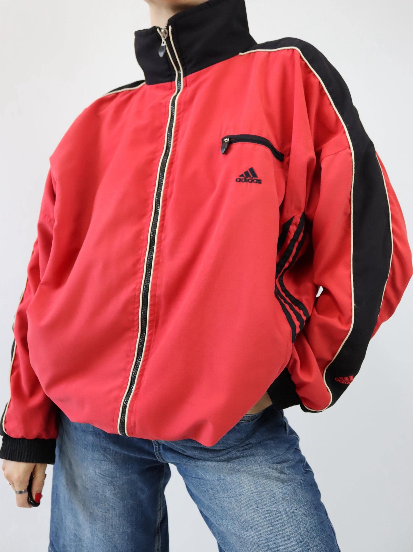 Vintage 80s 90s ADIDAS tracksuit jacket stand-up collar red black 38