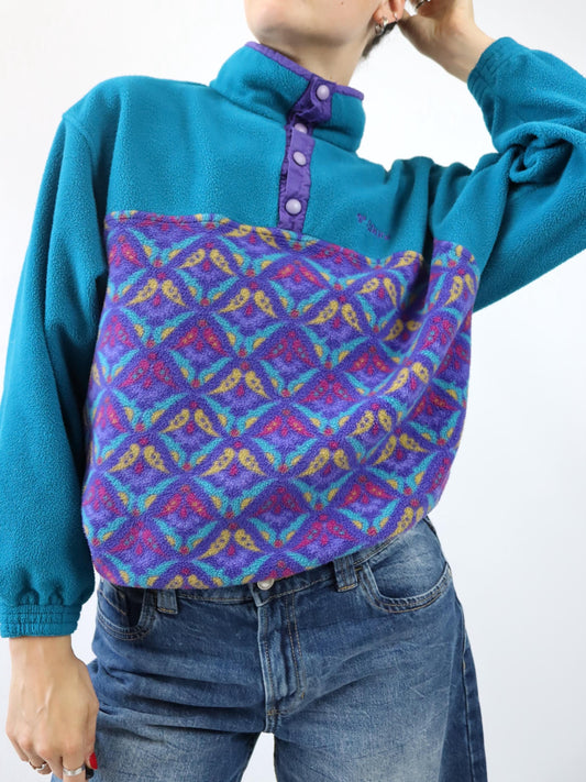 Vintage 80er 90er BRUGI Fleecepullover Stehkragen crazy pattern türkis bunt M