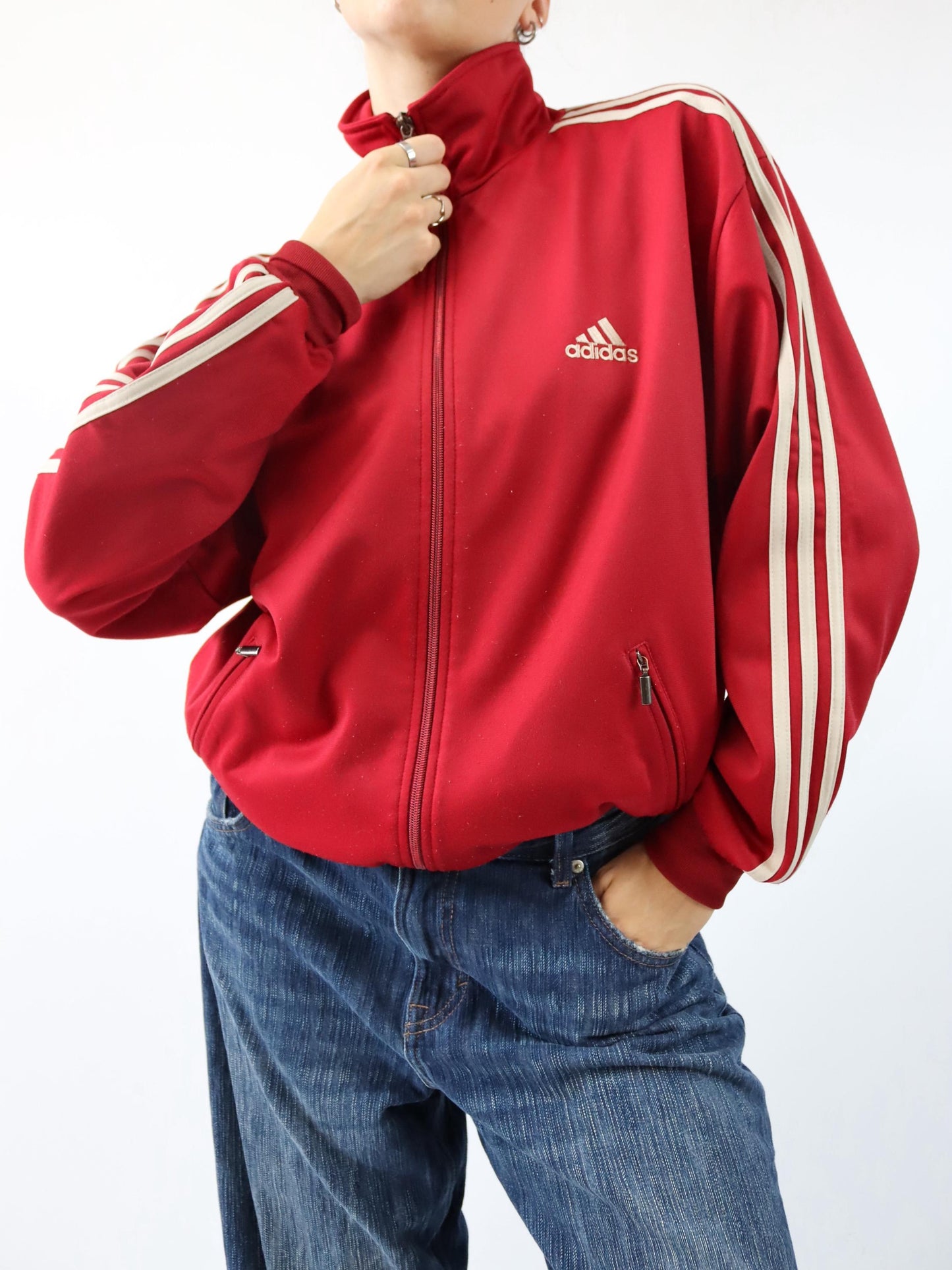 Vintage 80er 90er ADIDAS Trainingsjacke Firebird rot beige Stehkragen D5 38/40