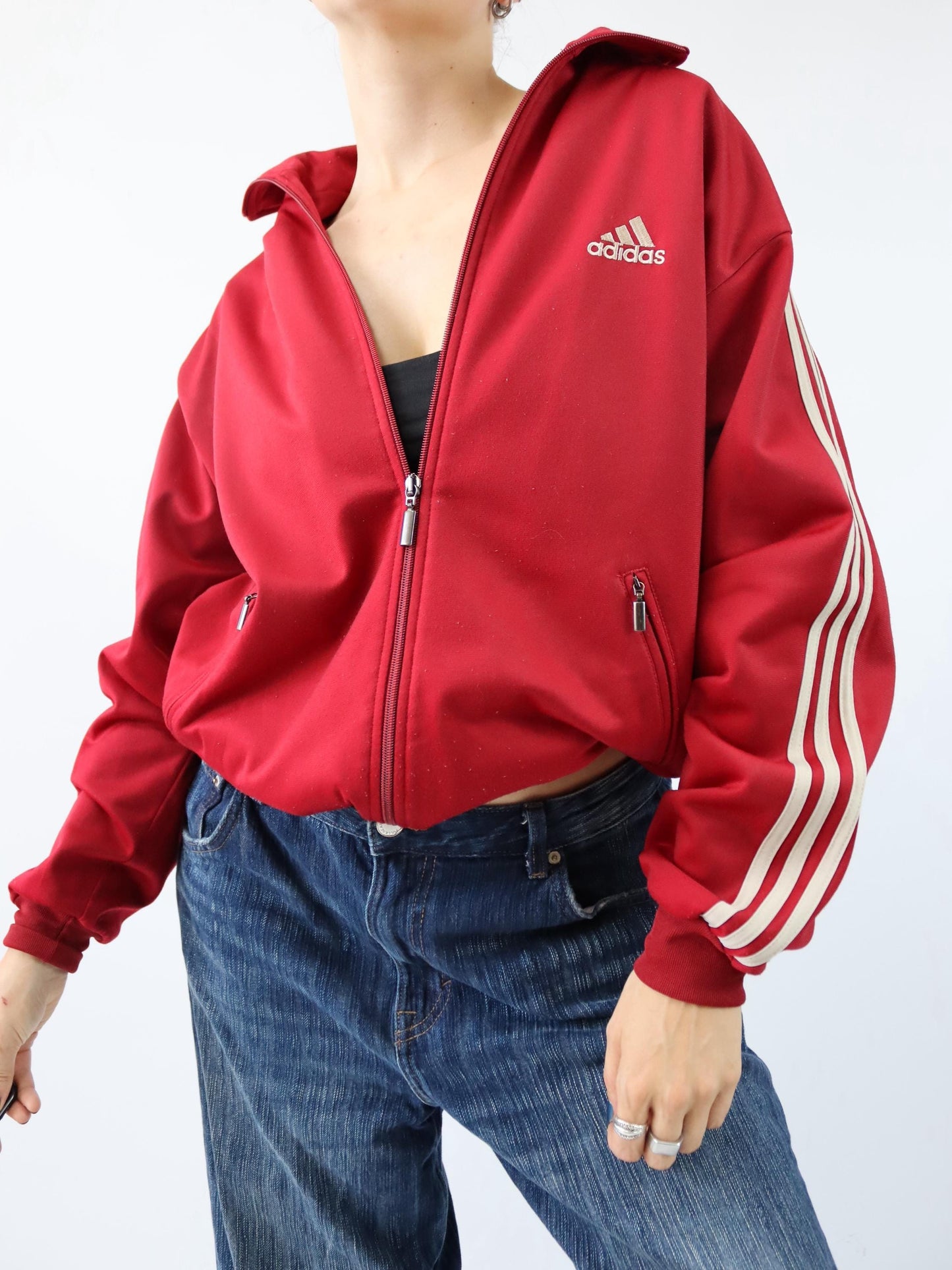 Vintage 80er 90er ADIDAS Trainingsjacke Firebird rot beige Stehkragen D5 38/40