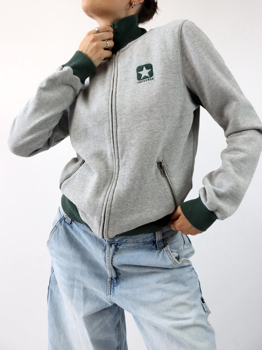 Vintage 90er Y2k CONVERSE Jacke Stehkragen grau grün innen Fleece M