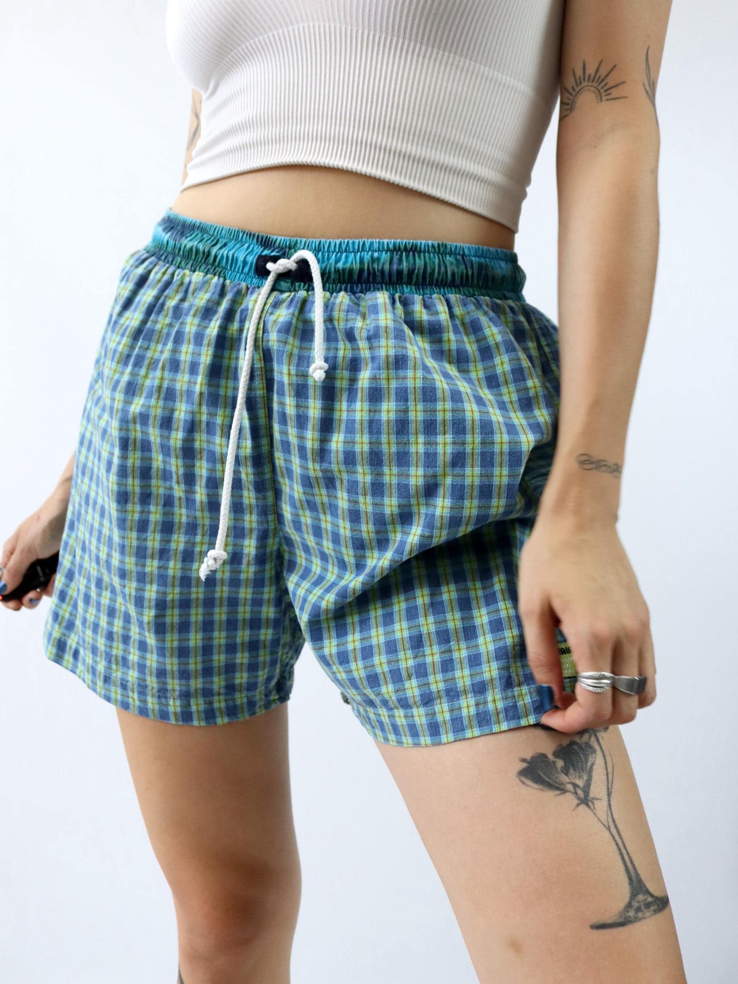 Vintage 80er 90er IAIAIAIA Badeshorts Shorts kurze Hose kariert blau grün L