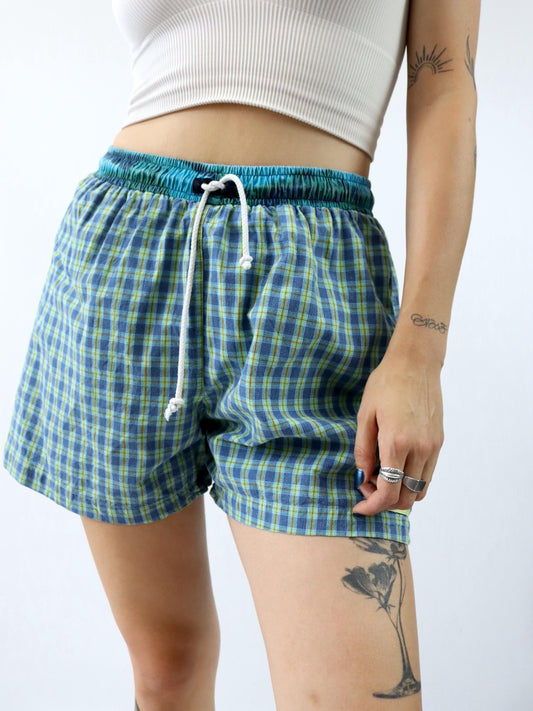 Vintage 80er 90er IAIAIAIA Badeshorts Shorts kurze Hose kariert blau grün L