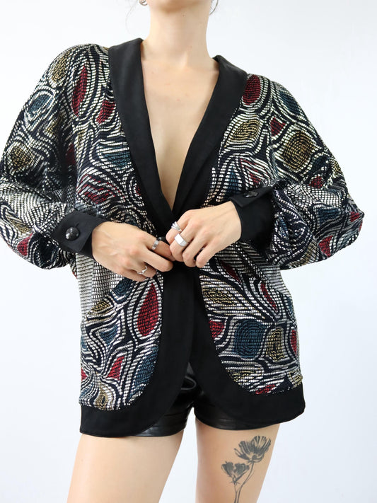 Vintage 80er 90er LETRUC Cardigan Jacke Glitzer Silber schwarz crazy pattern 40