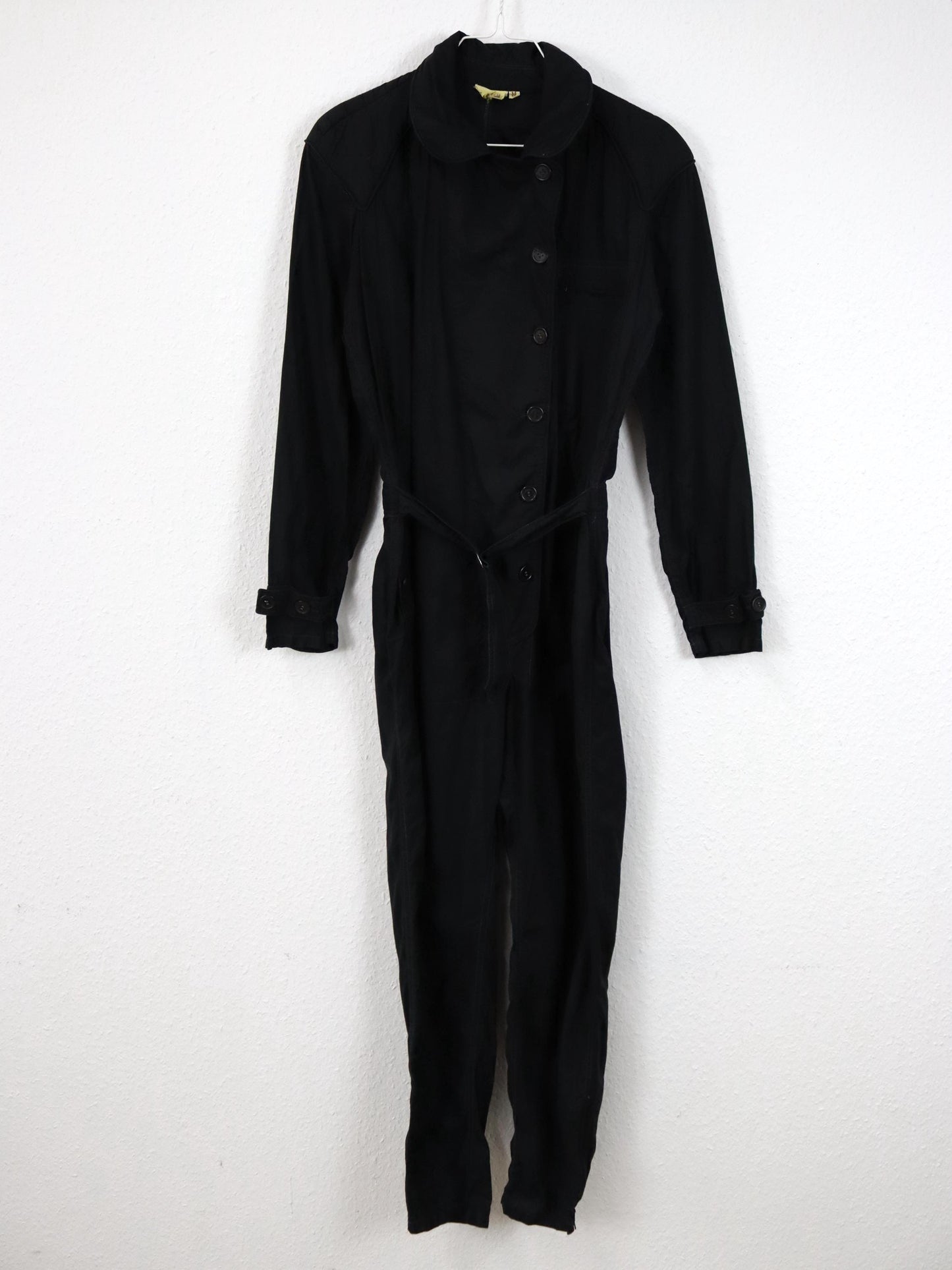 Vintage 80er 90er Overall Einteiler mit Gürtel schwarz lang Knopfleiste Schulterpolster M