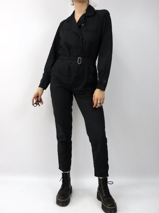 Vintage 80er 90er Overall Einteiler mit Gürtel schwarz lang Knopfleiste Schulterpolster M