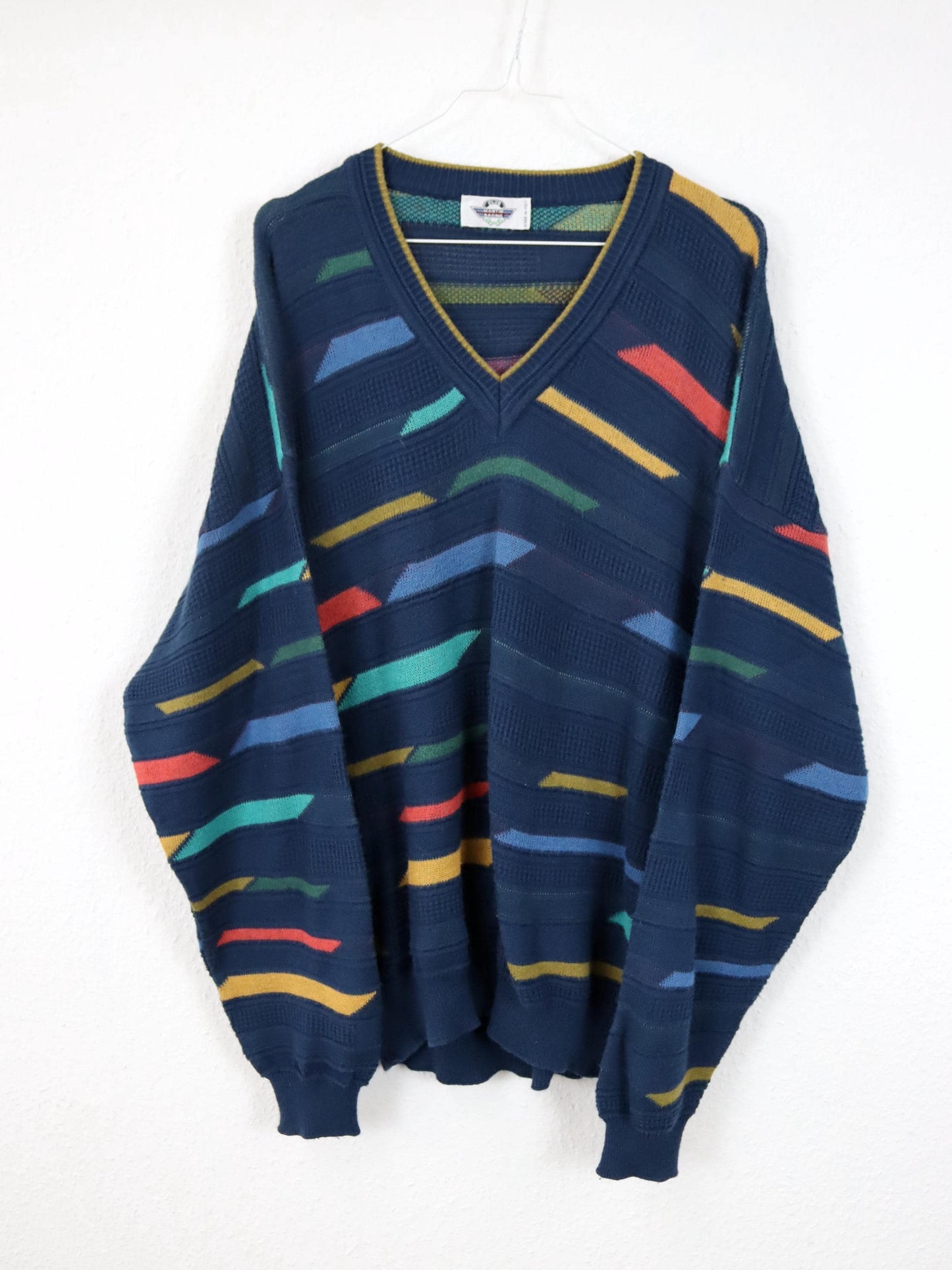 Vintage 80er 90er CLUB MARTINI RACING Pullover V-Kragen geometrisch 50 L