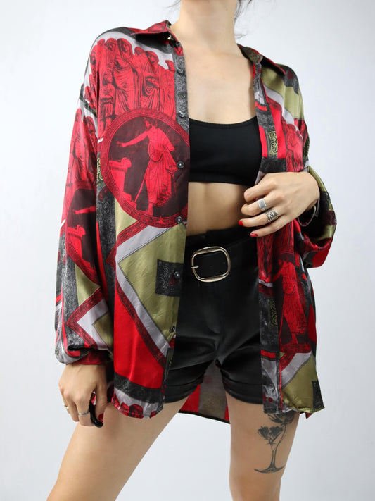 Vintage 80er 90er NEWS FASHION Hemd langarm crazy pattern rot grau khaki XL