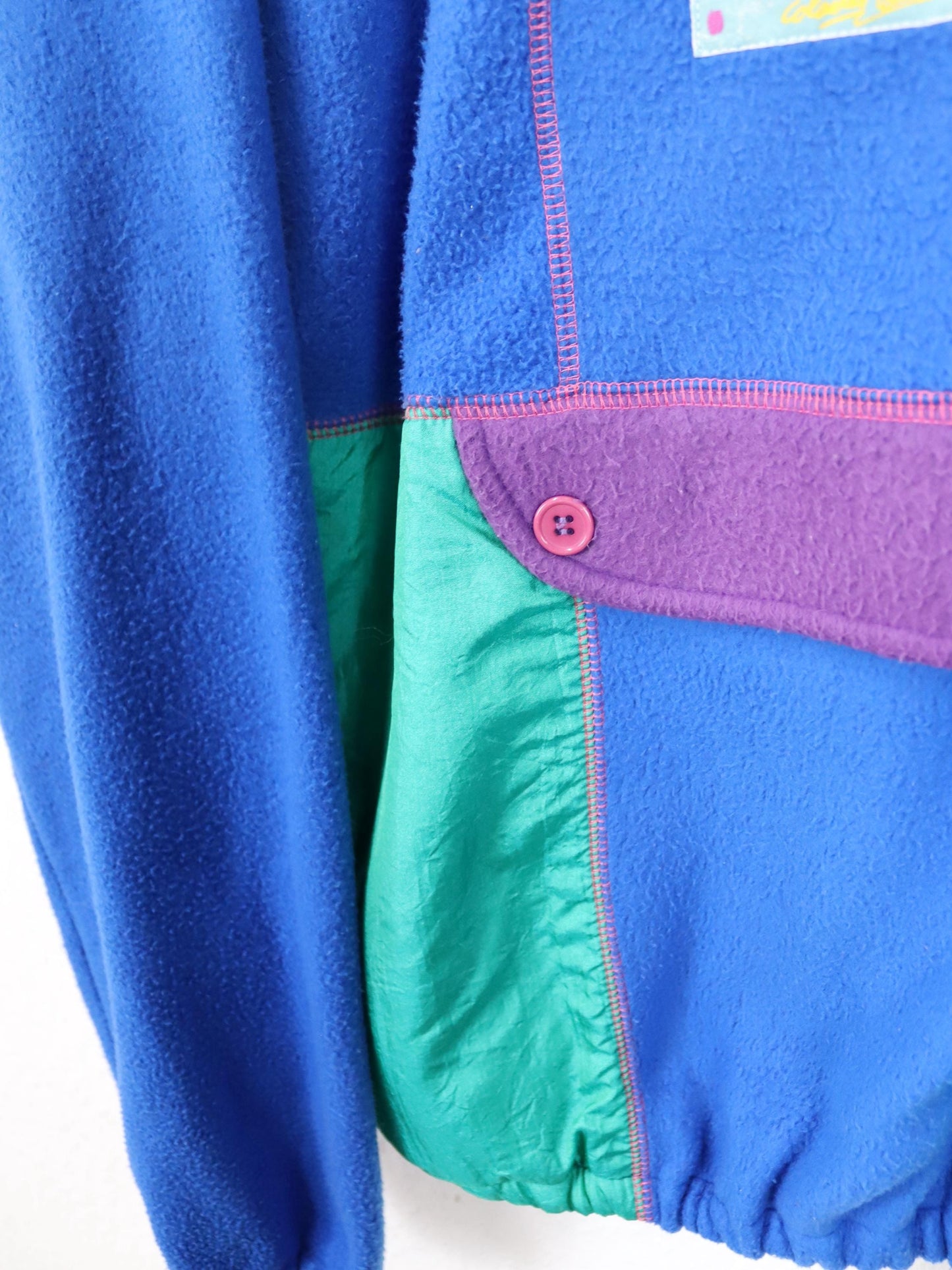 Vintage 80er 90er PASSWORLD Half zip Fleece Pullover blau grün lila mit Vordertasche XL