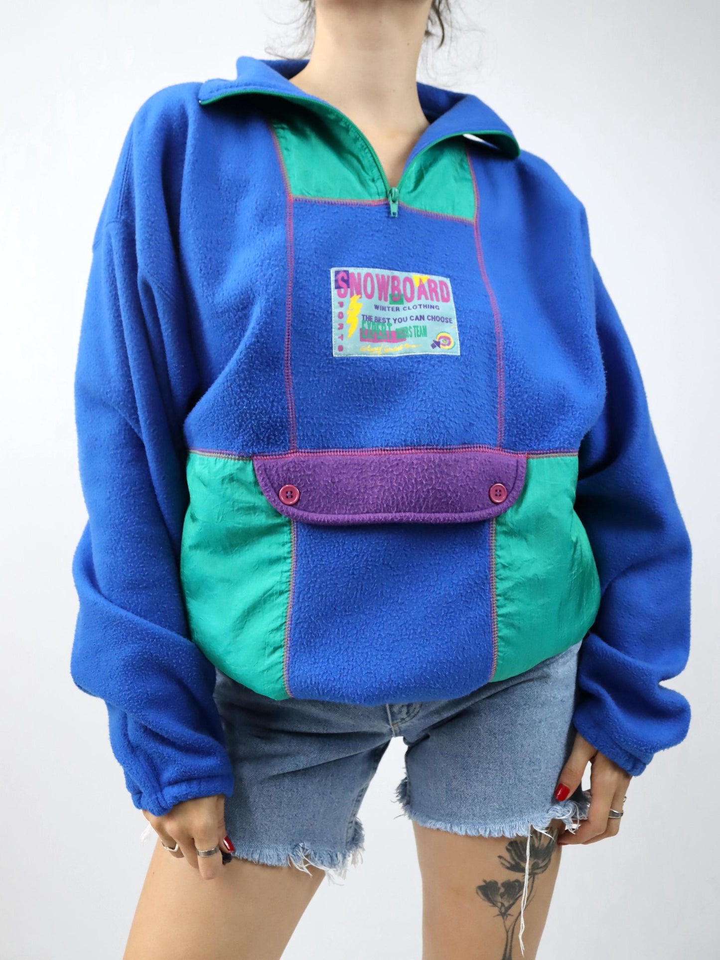 Vintage 80er 90er PASSWORLD Half zip Fleece Pullover blau grün lila mit Vordertasche XL