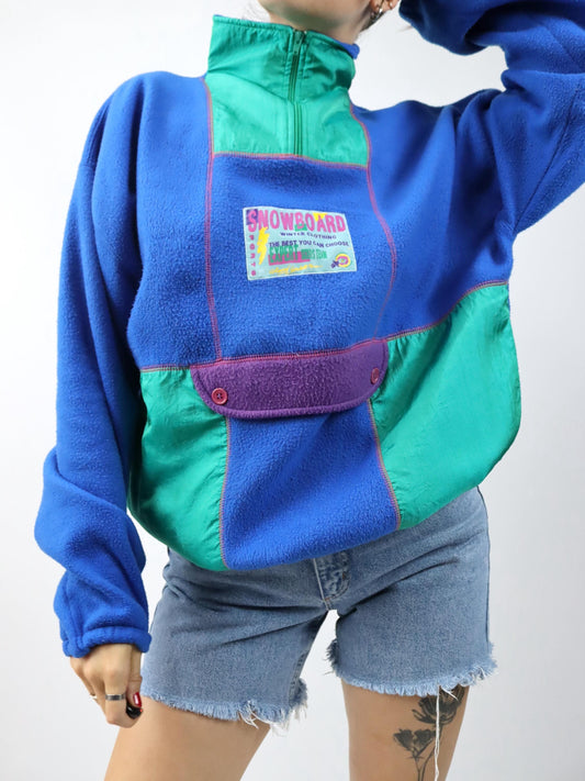 Vintage 80er 90er PASSWORLD Half zip Fleece Pullover blau grün lila mit Vordertasche XL