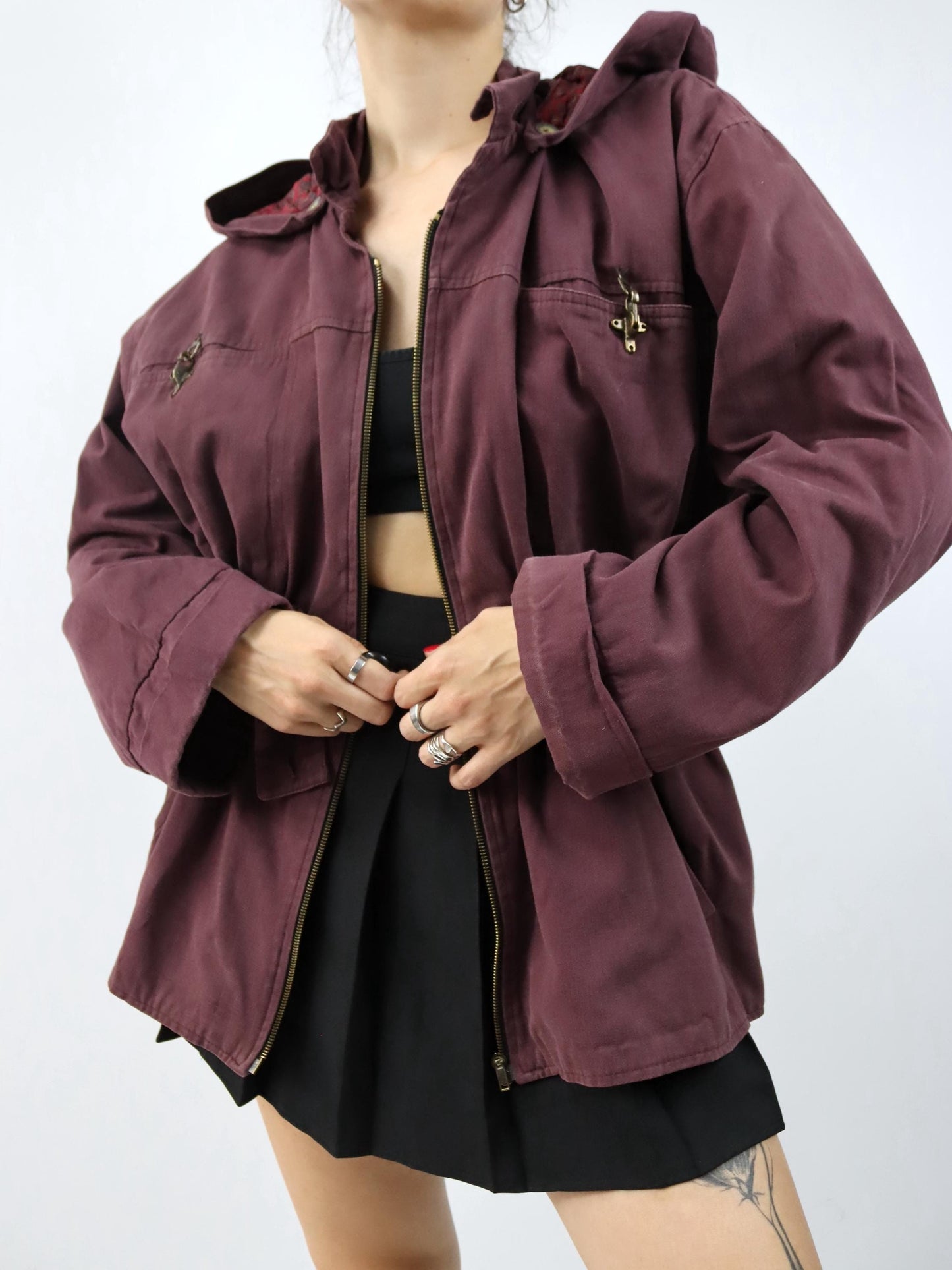 Vintage 80er 90er Jacke Mantel Kapuze burgund tailliert fireman clasp Gürtel S