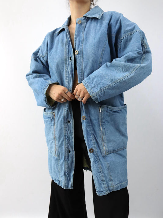Vintage 80er 90er Mantel lang denim blau Knopfreihe L