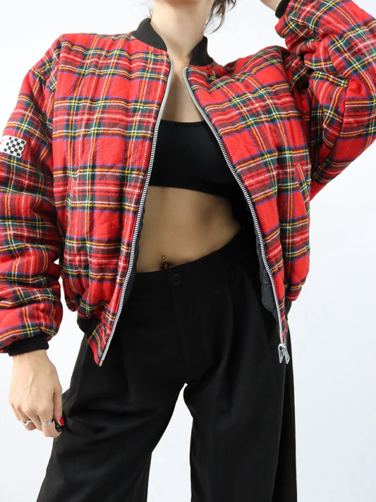 Vintage 80er 90er ENERGIE Bomberjacke Wendejacke kariert schwarz rot M