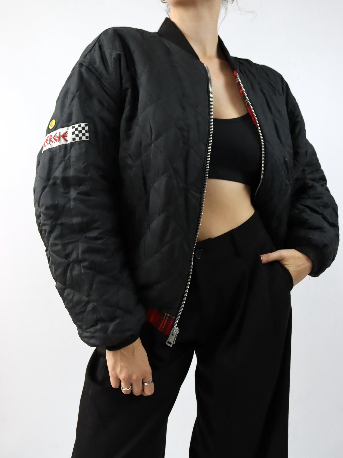 Vintage 80er 90er ENERGIE Bomberjacke Wendejacke kariert schwarz rot M