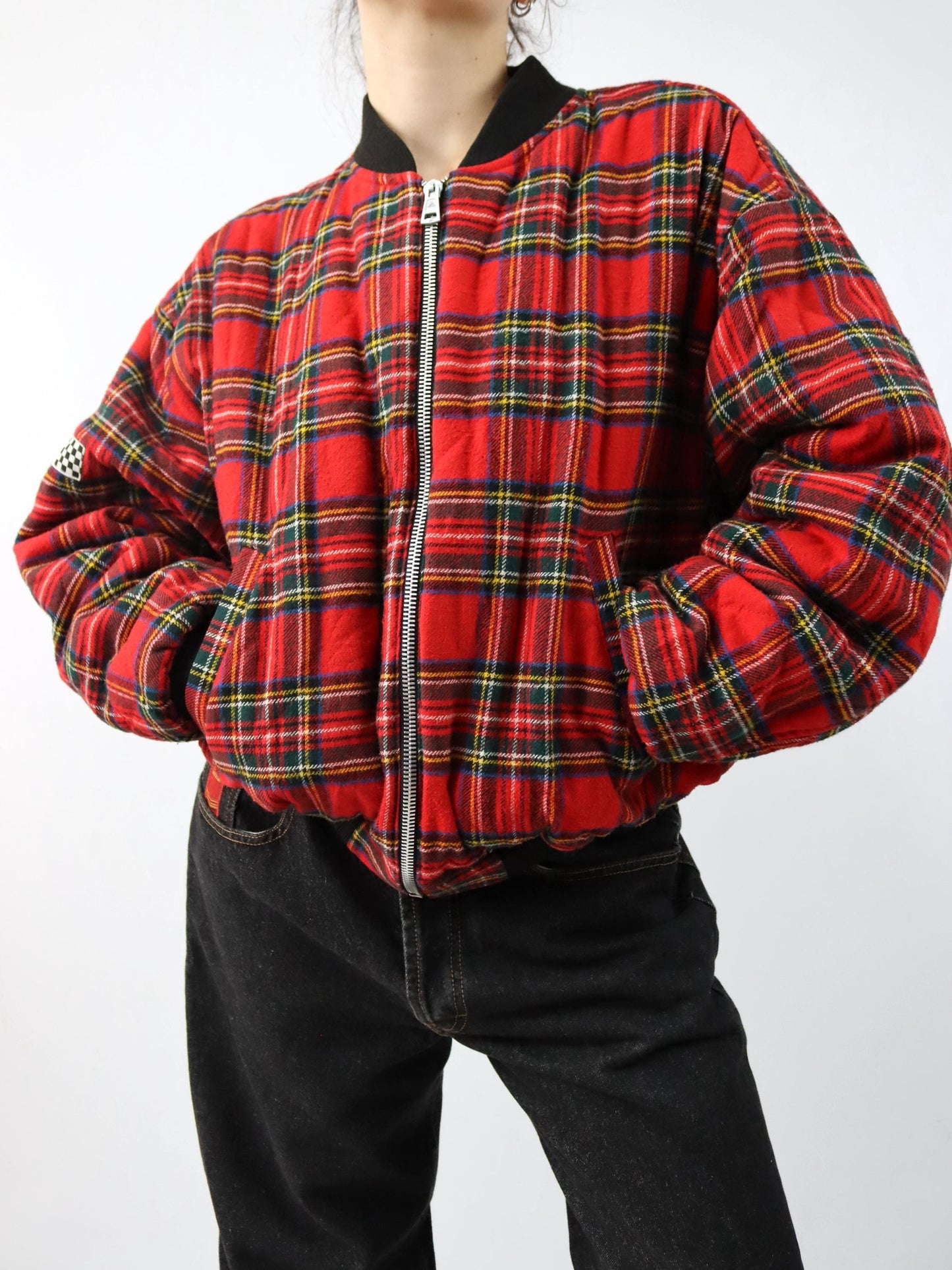 Vintage 80er 90er ENERGIE Bomberjacke Wendejacke kariert schwarz rot M