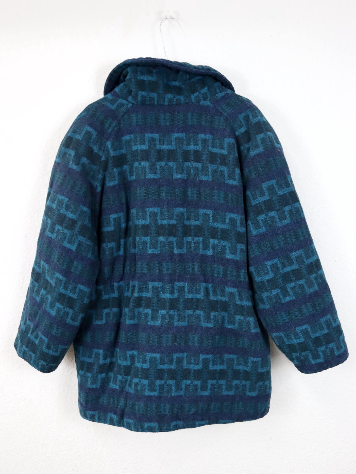 Vintage 80er 90er Wollmantel Parka Jacke mit Knopfleiste gemustert blau lila M